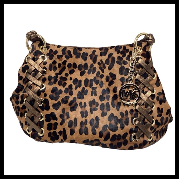 🔥 Michael Kors Rare Calf Hair Leopard Double-Leather Strap Hobo — Luxe & Mint! - Picture 5 of 13